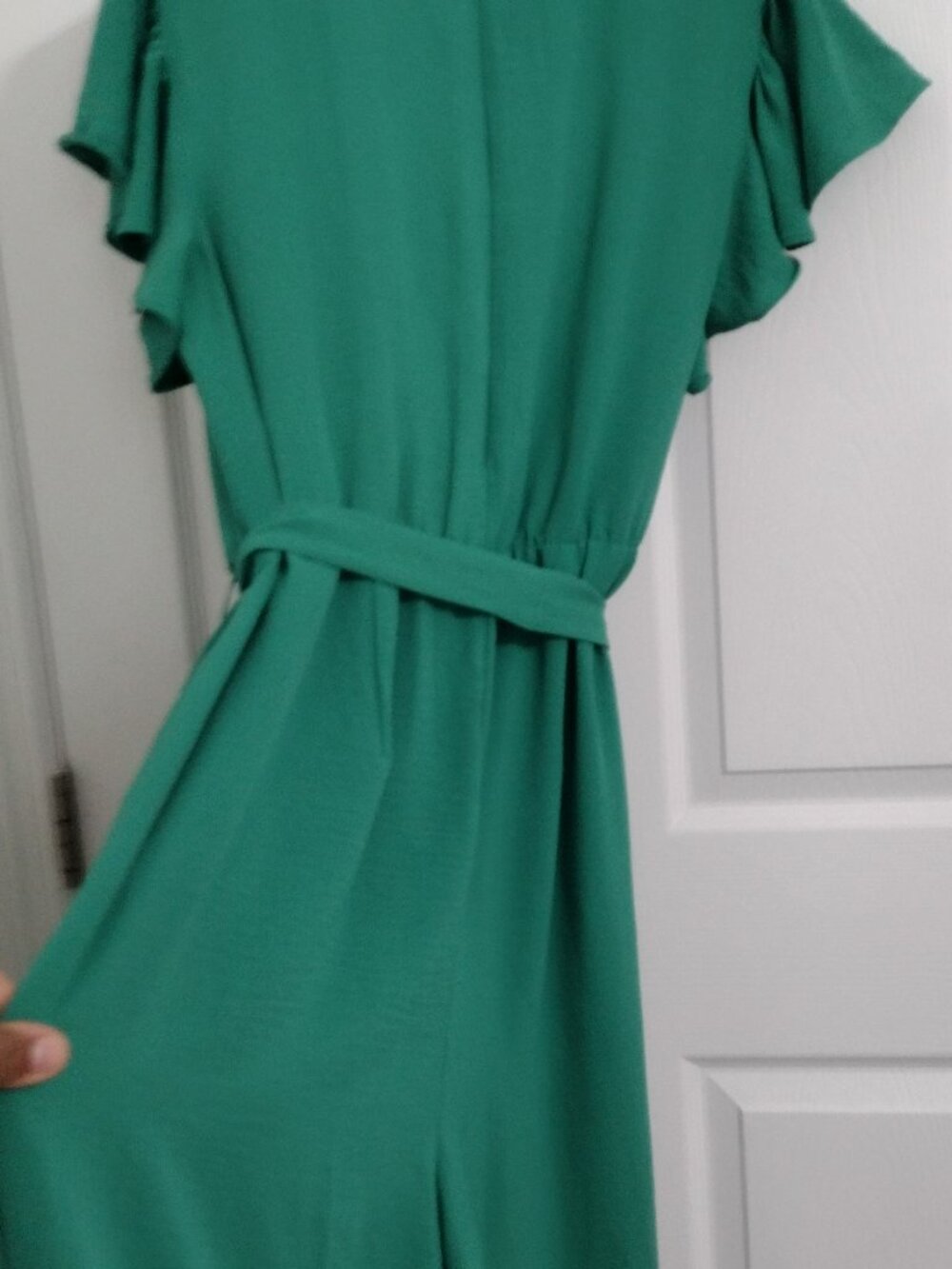 MSK Emerald Green Wide Leg Jumpsuit 1X Flutter Sleeve Belted Stretch Jumpsuit - Picture 9 of 11